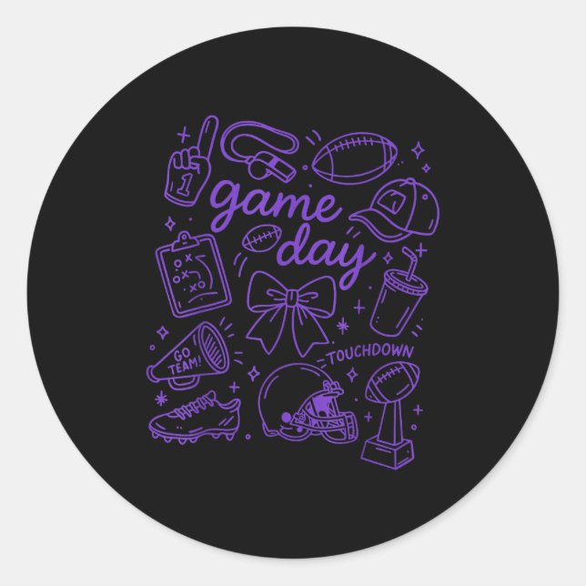 Purple Coquette Bow Cheer Game Day Doodle Touchdow Runder Aufkleber (Vorderseite)
