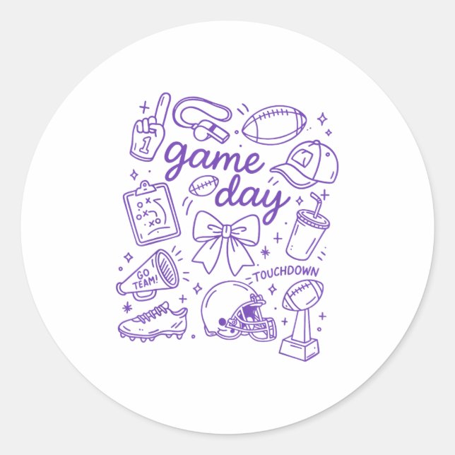 Purple Coquette Bow Cheer Game Day Doodle Touchdow Runder Aufkleber (Vorderseite)