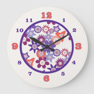 Purple/Coral Fantasy Flower Pattern Große Wanduhr