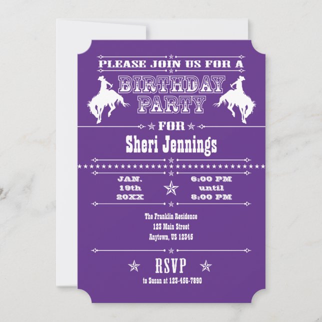 Purple Cowboy Rodeo Anniversaire Fête Invitation (Devant)