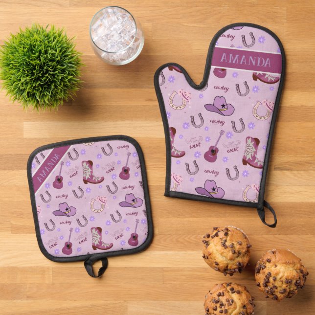 Purple Cowboy Wild West All over print Pattern Ofenhandschuh & Topflappen-Set (Oben Unten)