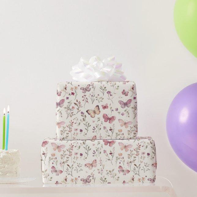 Purple Cream Butterflies Floral Birthday Geschenkpapier (Partygeschenke)