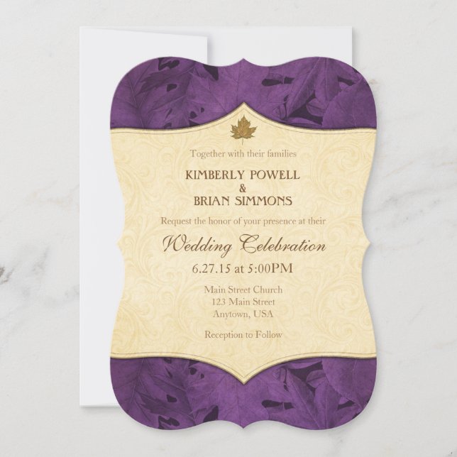 Purple Cream Leaf Vintage Wedding Invitation (Devant)