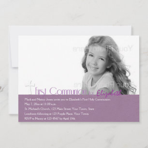 Purple, Cross, First Communion Photo Invitation
