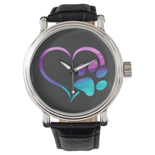Purple Cyan Dog paw Print Heart  Armbanduhr (Vorderseite)