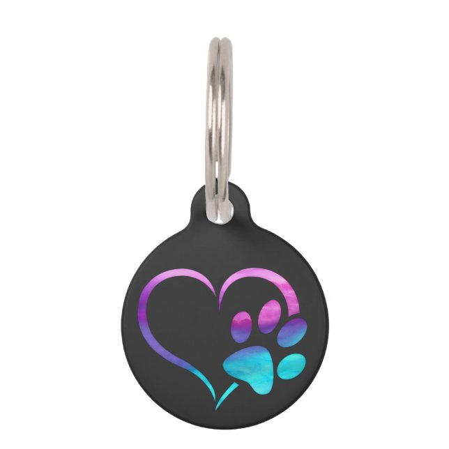 Purple Cyan Dog paw Print Heart  Haustiermarke (Vorderseite)