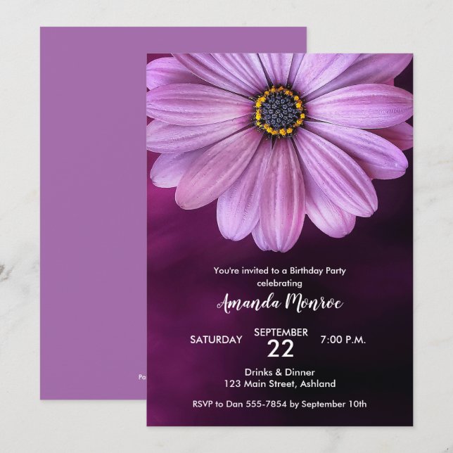 Purple Daisy Invitations de fête d'anniversaire (Devant / Derrière)