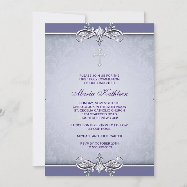 Purple Damask Cross First Communion Invitation (Devant)