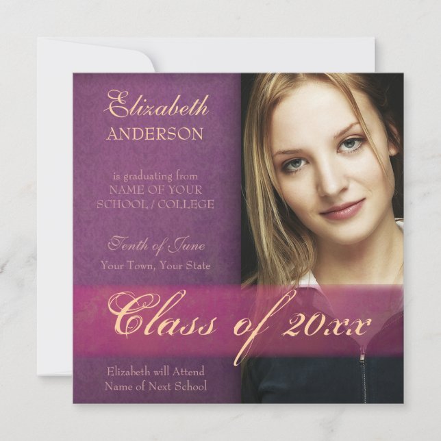 Purple Damask Grunge Graduation Faire-part (Devant)