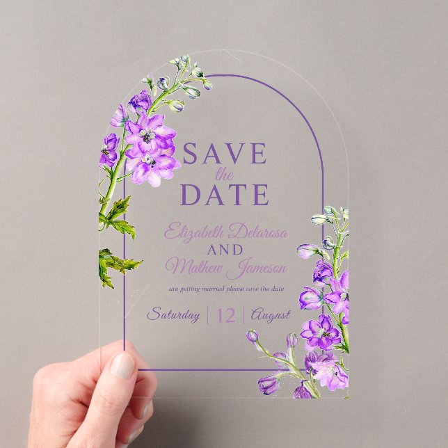 Purple delphinium botanical acrylic save the date acryleinladungen (Insitu (Handheld))