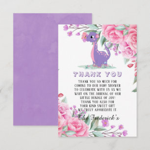 Purple Dinosaur Girl Baby shower Merci Cartes