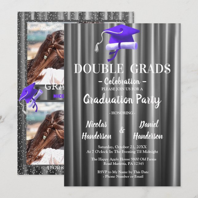 Purple double Celebration Graduation Party 2 photo Einladung (Vorne/Hinten)