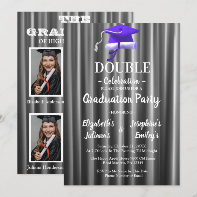Purple double Celebration Graduation Party 4 photo Einladung (Vorne/Hinten)
