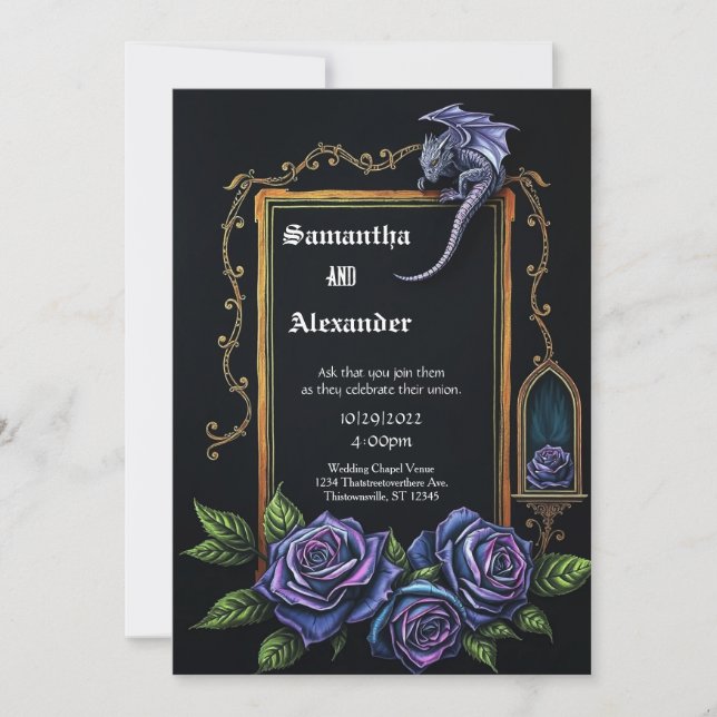 Purple Dragon and Roses Gothic Wedding Invitation Einladung (Vorderseite)