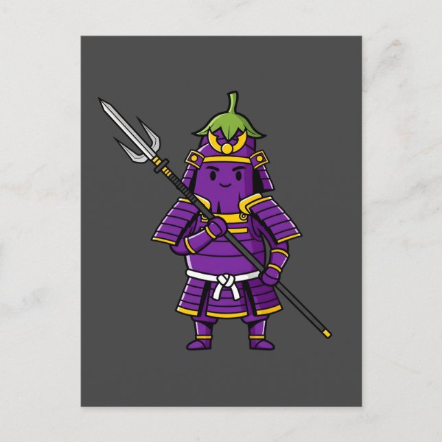 Purple Eggplant Samurai Warrior with Spear Illustr Postkarte (Vorderseite)