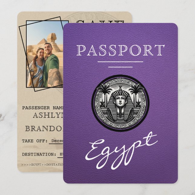 Purple Egypt Passport Wedding Save the Date (Vorne/Hinten)