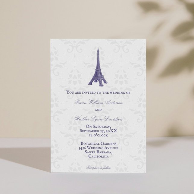 Purple Eiffel Tower Mariage damassé Invitation (Purple Eiffel Tower Damask Wedding Invitation)