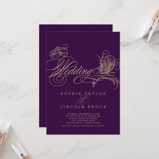 Purple Elegant Gold Calligraphie Faire-part de mar (Devant/Arrière en situation)