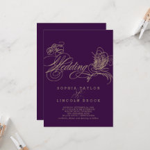Purple Elegant Gold Calligraphie Faire-part de mar