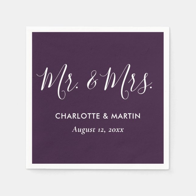 Purple Elegant Modern Script Mr. and Mrs. Wedding Serviette (Vorderseite)