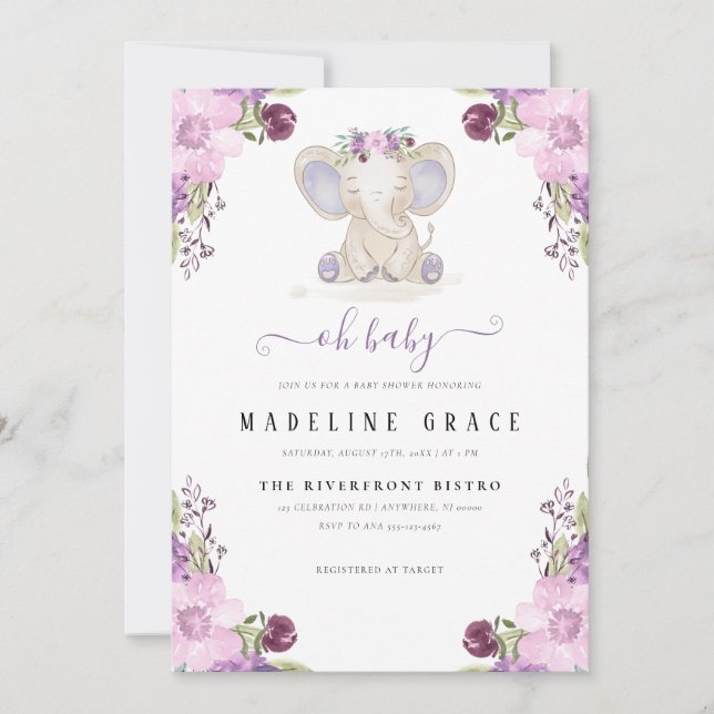 Purple Elephant Baby Girl Baby shower Invitation (Devant)