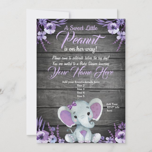 Purple Elephant Baby shower invitation rustique (Devant)