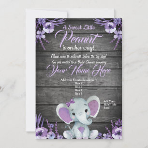 Purple Elephant Baby shower invitation rustique