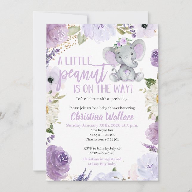 Purple Elephant Baby Shower Invitations pour une f (Devant)
