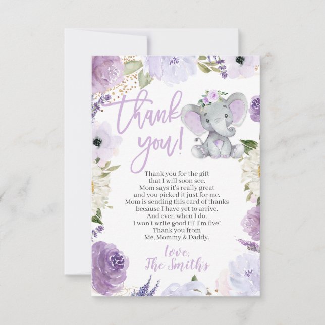 Purple Elephant Baby shower Merci Cartes (Devant)
