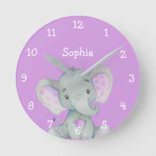 Purple Elephant Cute Baby Girl Name Personalized Runde Wanduhr