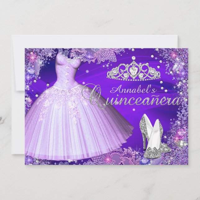 Purple Éperche Tiara & Robe Quinceanera Invitation (Devant)