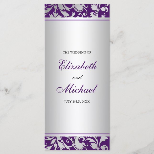 Purple et Argent Damask Swirls Wedding Programme (Devant)