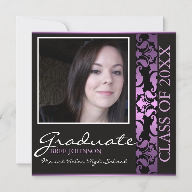 Purple et Brown Damask Graduation Faire-part (Devant)