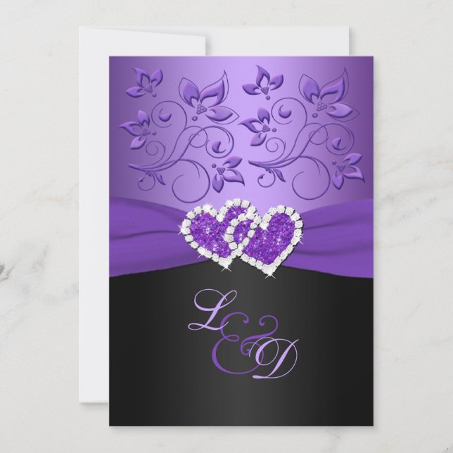 Purple et Noir Coeurs associés Invitation monogram (Devant)