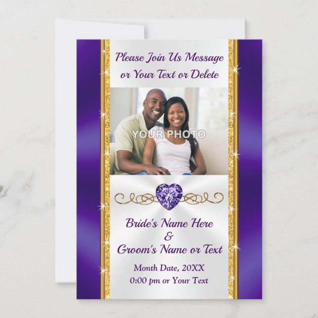 Purple et or, invitations de mariage avec photo (Devant)