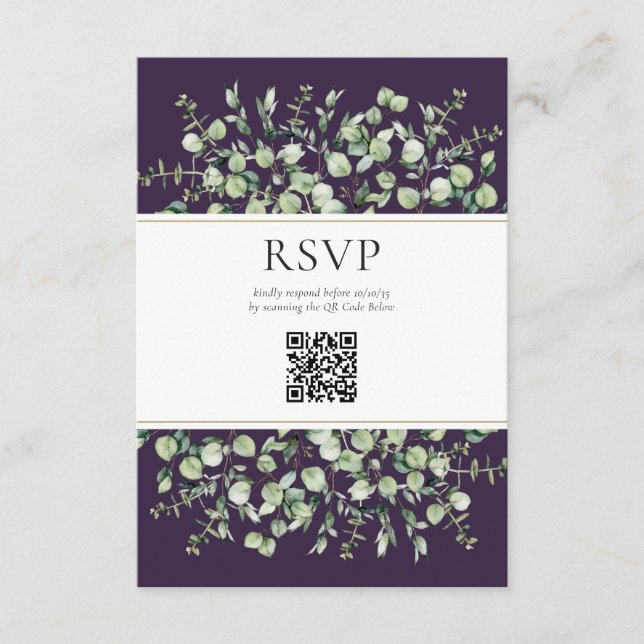 Purple Eucalyptus QR Code Wedding RSVP  Begleitkarte (Vorderseite)