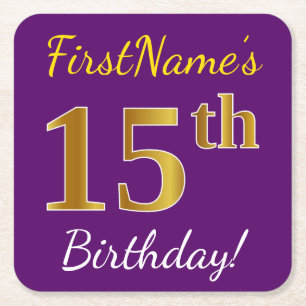 Purple, Faux Gold 15th Birthday + Custom Name Rechteckiger Pappuntersetzer