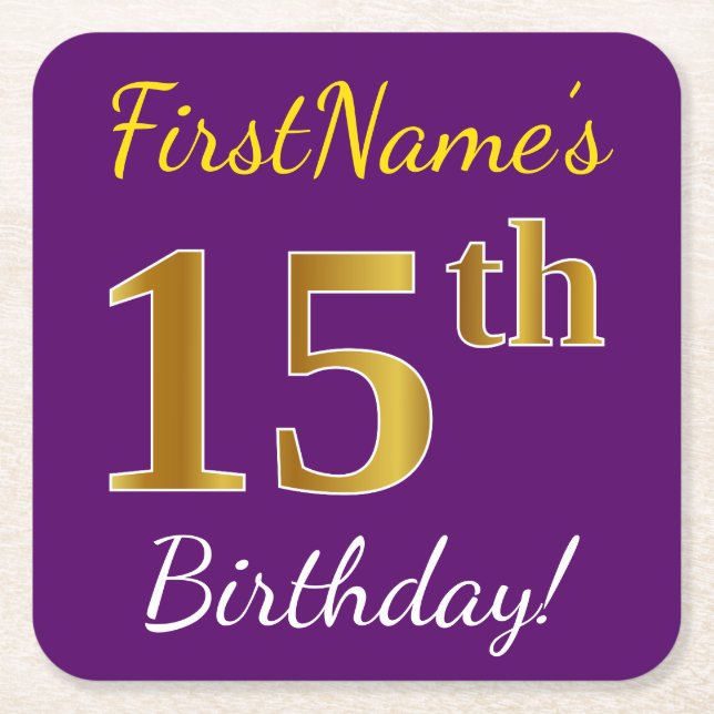 Purple, Faux Gold 15th Birthday + Custom Name Rechteckiger Pappuntersetzer (Vorderseite)