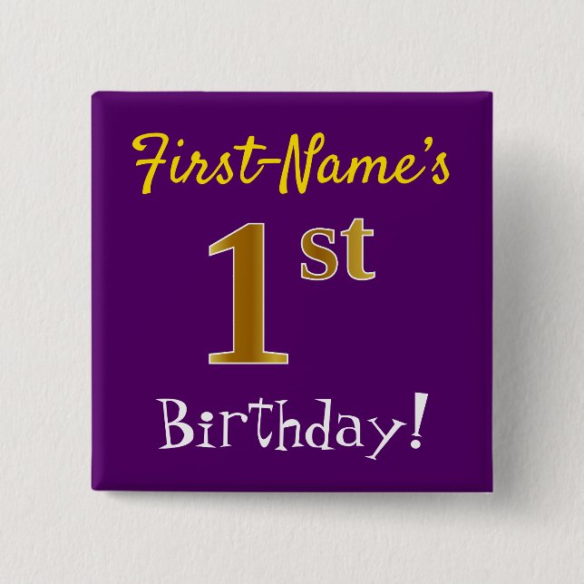Purple, Faux Gold 1st Birthday, With Custom Name Button (Vorderseite)
