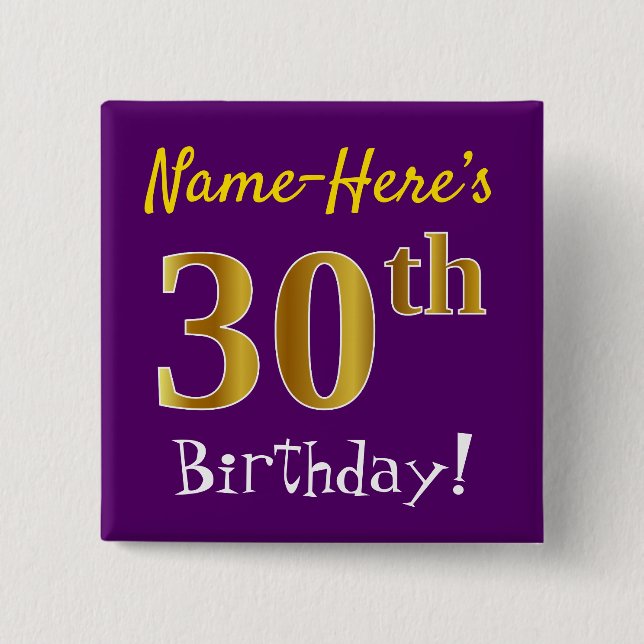 Purple, Faux Gold 30th Birthday, With Custom Name Button (Vorderseite)