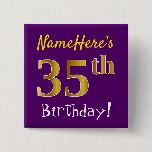 Purple, Faux Gold 35th Birthday, With Custom Name Button (Vorderseite)
