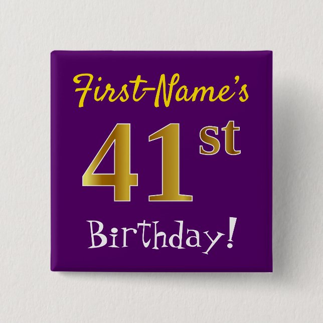 Purple, Faux Gold 41st Birthday, With Custom Name Button (Vorderseite)