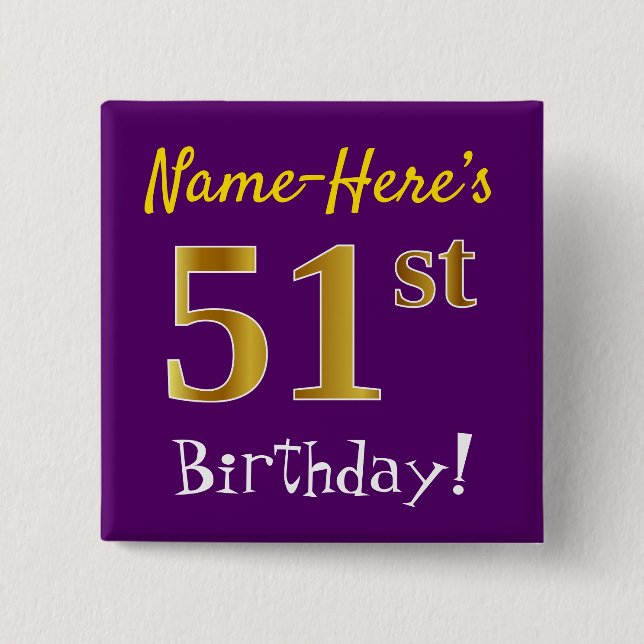 Purple, Faux Gold 51st Birthday, With Custom Name Button (Vorderseite)
