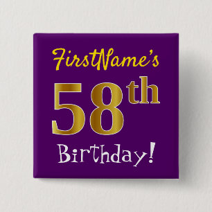 Purple, Faux Gold 58th Birthday, With Custom Name Button