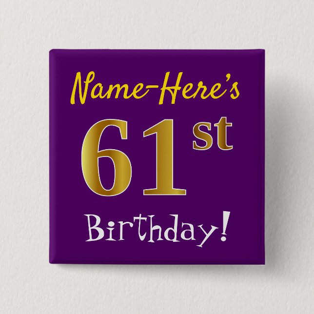 Purple, Faux Gold 61st Birthday, With Custom Name Button (Vorderseite)