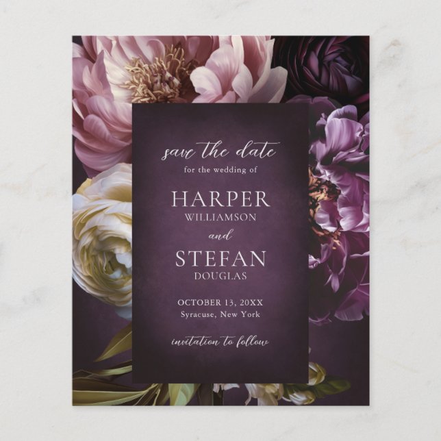 Purple Fine Art Budget Wedding Save the Date Flyer (Vorne)