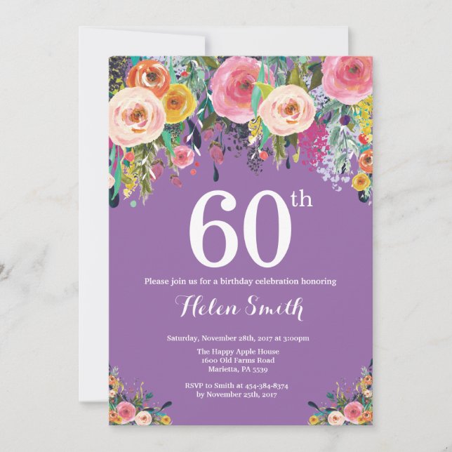 Purple Floral 60e anniversaire Invitation (Devant)