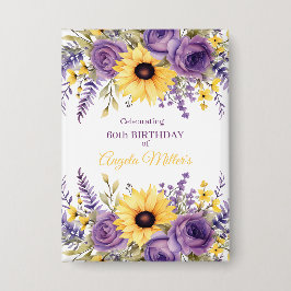 Purple floral 60th birthday party button