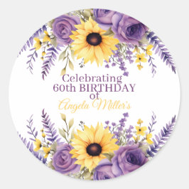 Purple floral 60th birthday party runder aufkleber