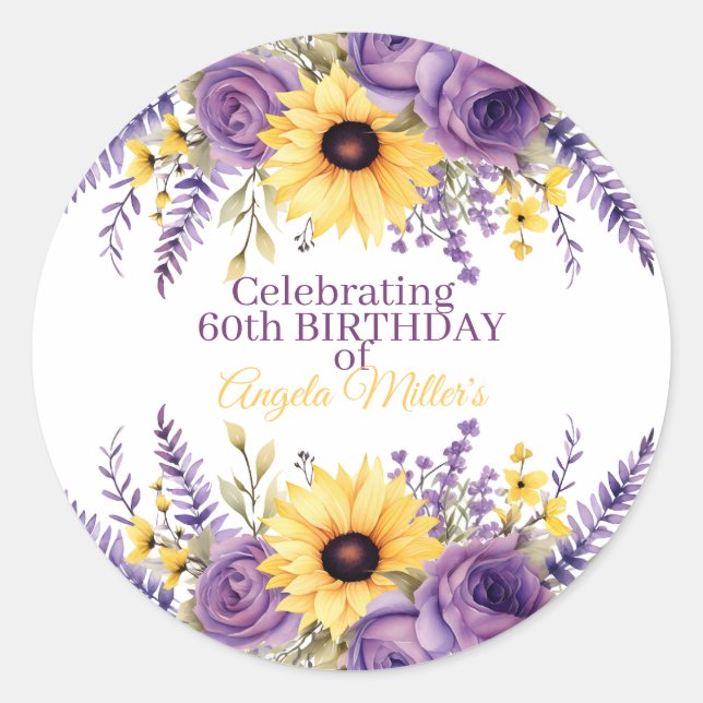 Purple floral 60th birthday party runder aufkleber (Vorderseite)